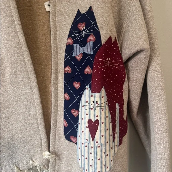 Vintage Cat Paw Print Appliqué Cardigan Jacket Beige Frayed Hem Cozy Cat Lover M - Picture 3 of 10